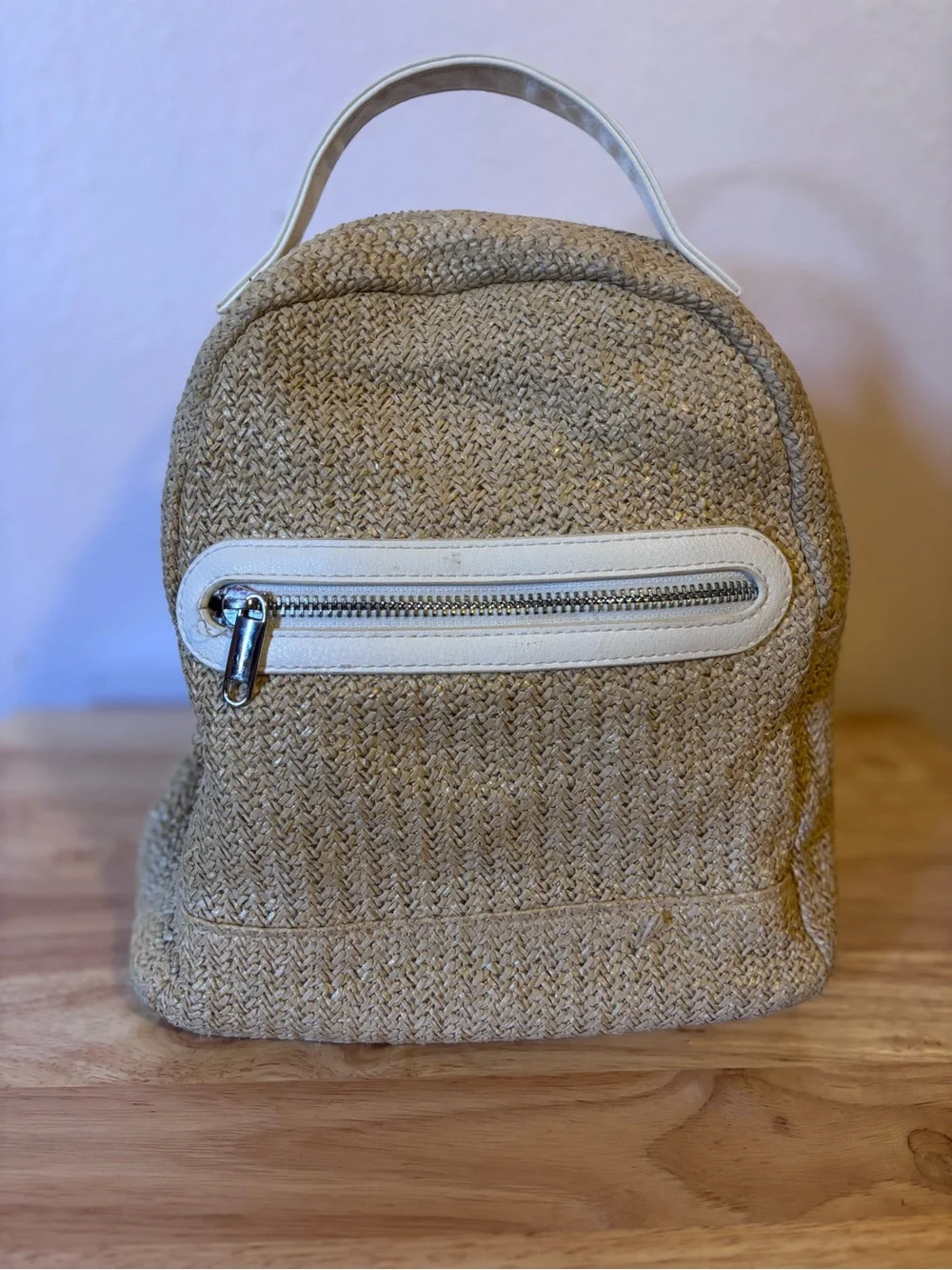 Wold Fable Woman’s Straw Mini Backpack with White Trim